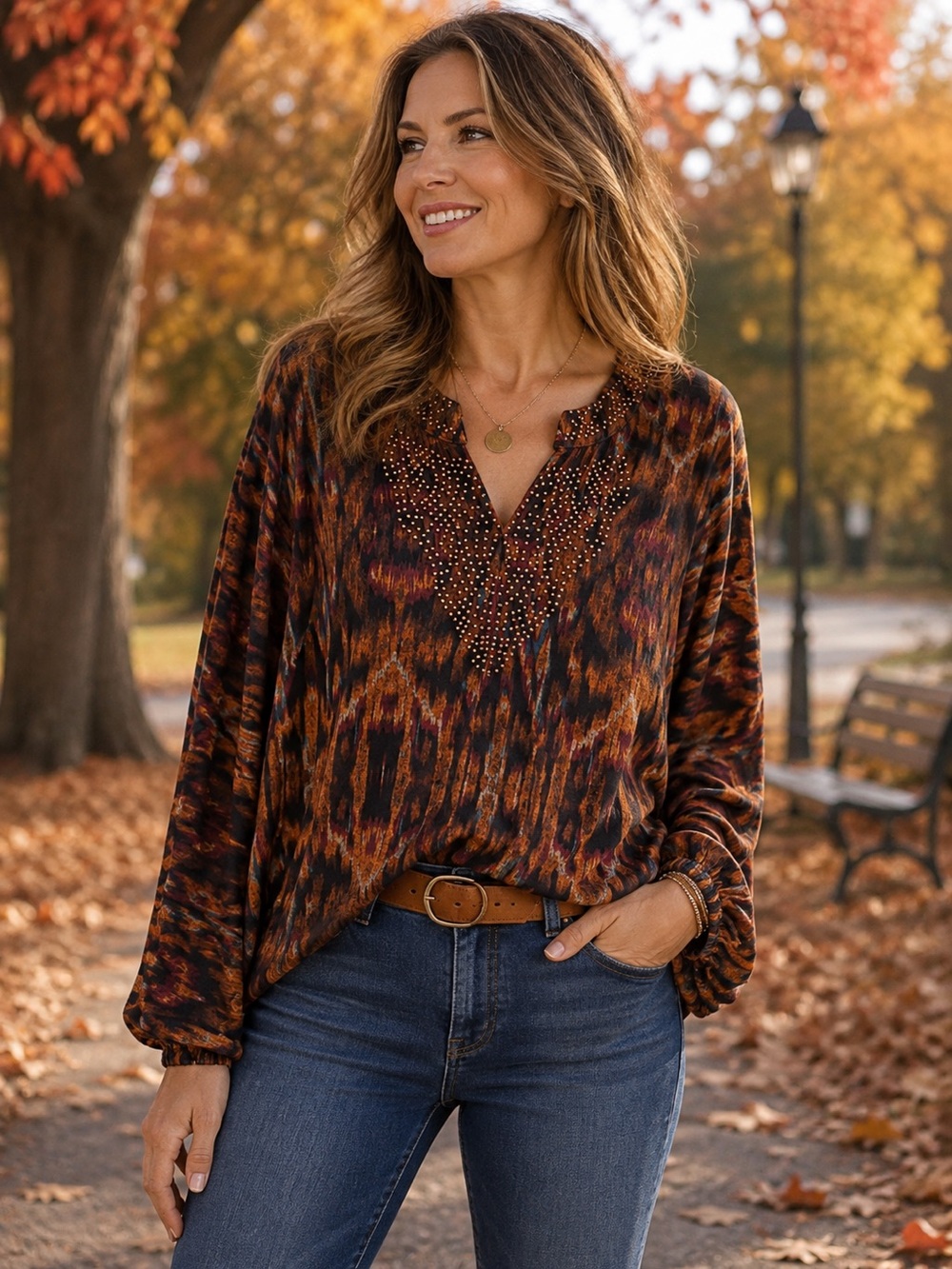 Raffaella Abstract Ikat Beaded V-Neck Blouse Boho Fall Brown Rust Top Large
